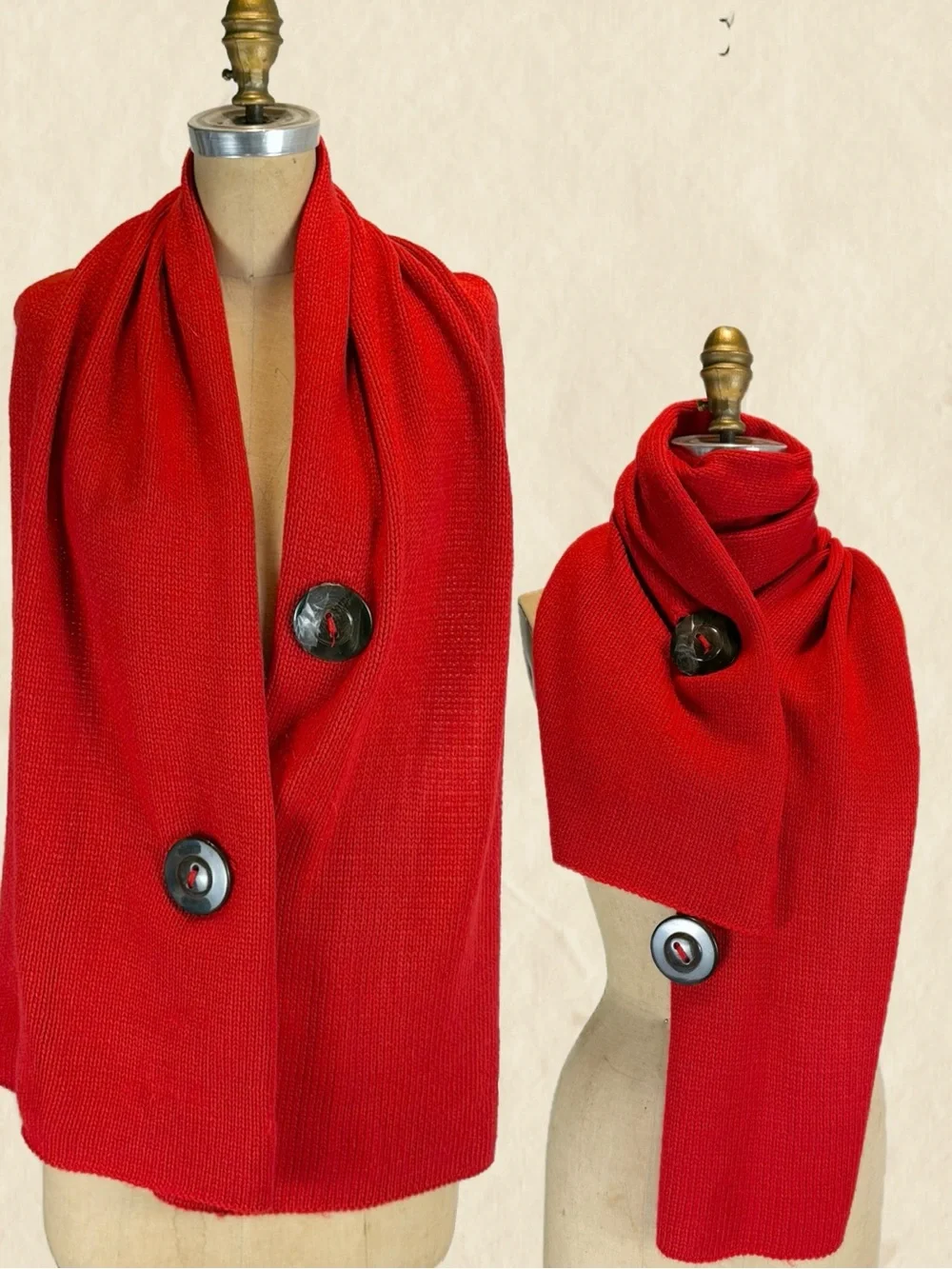 Large button scarf wrap sweater versatile multi way style cherry red winter cozy